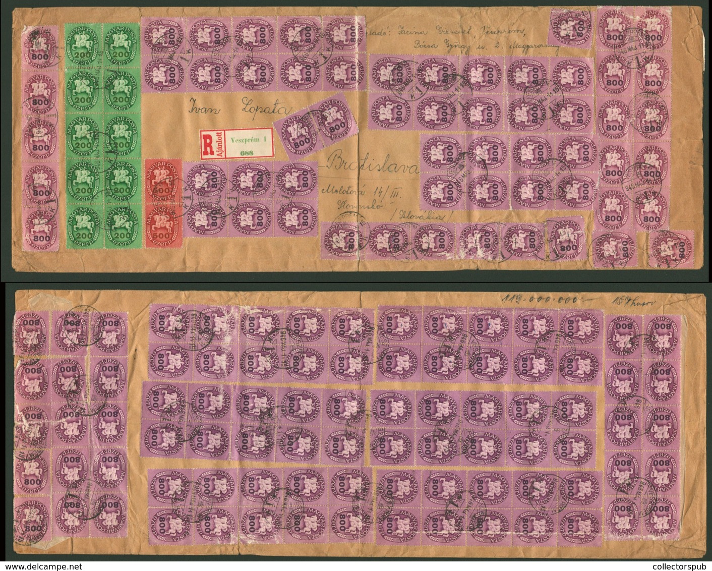 VESZPRÉM 1946.05.14. 157 DB (!!) Lovasfutár Bélyeggel Bérmentesített Ajánlott Levél Csehszlovákiába Küldve! Inflációs Kü - Covers & Documents