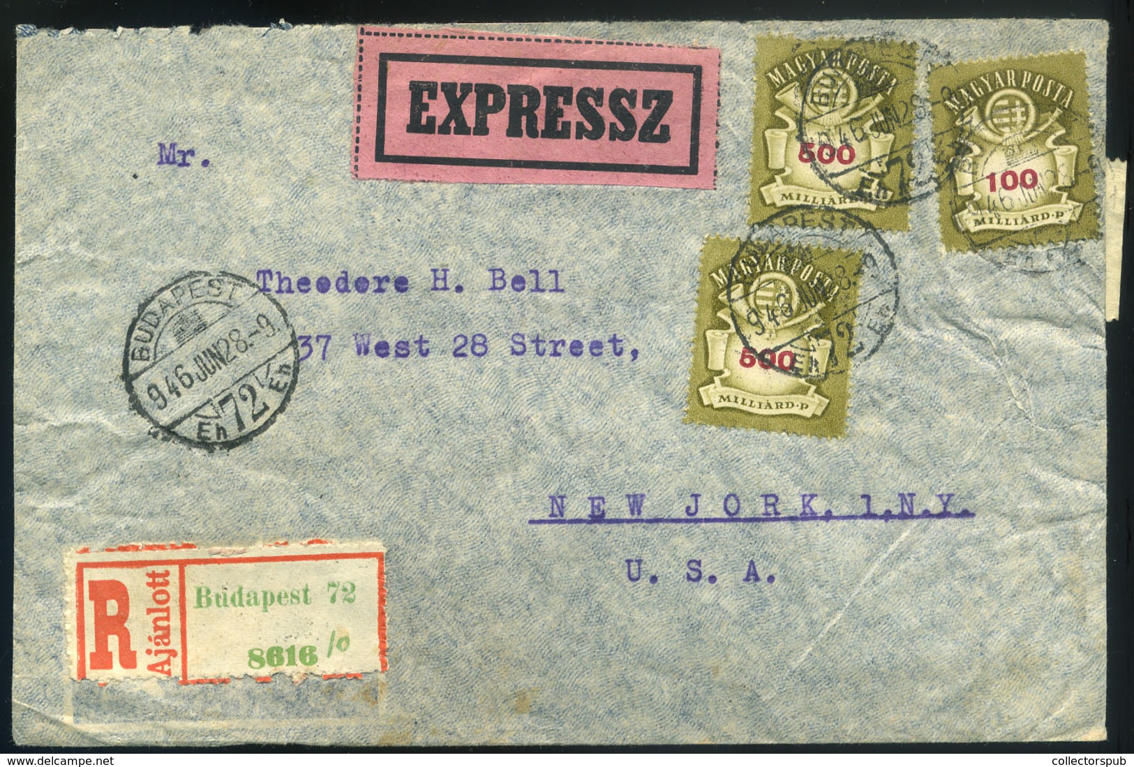 BUDAPEST 1946.06.28. Expressz-ajánlott Levél , Dekoratív Milliárd Pengős Bérmentesítéssel Az USA-ba Küldve. Ritka Darab! - Covers & Documents