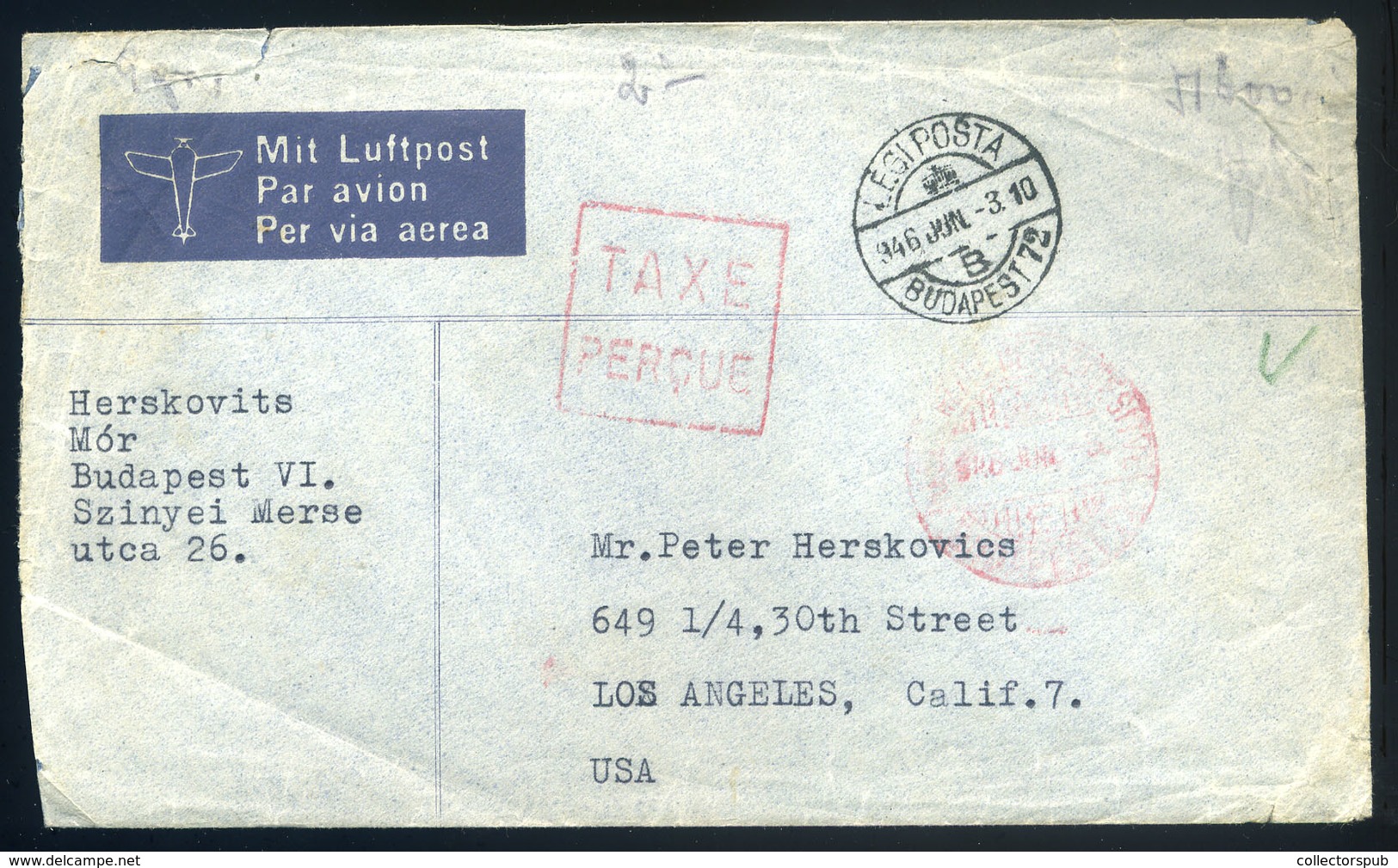 BUDAPEST 1946.06.03. (18. Dsz.) 51600 MilP Készpénz Bérmentesítésű Légi Levél Los Angelesbe Küldve. Rendkívül Ritka Dara - Brieven En Documenten