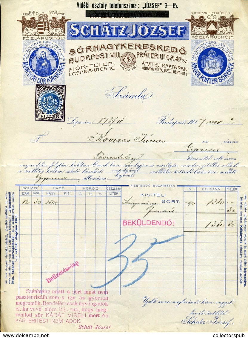 BUDAPEST 1917. Schatz József Sörnagykereskedő, Fejléces, Céges Számla   I. Csaba Utca - Zonder Classificatie