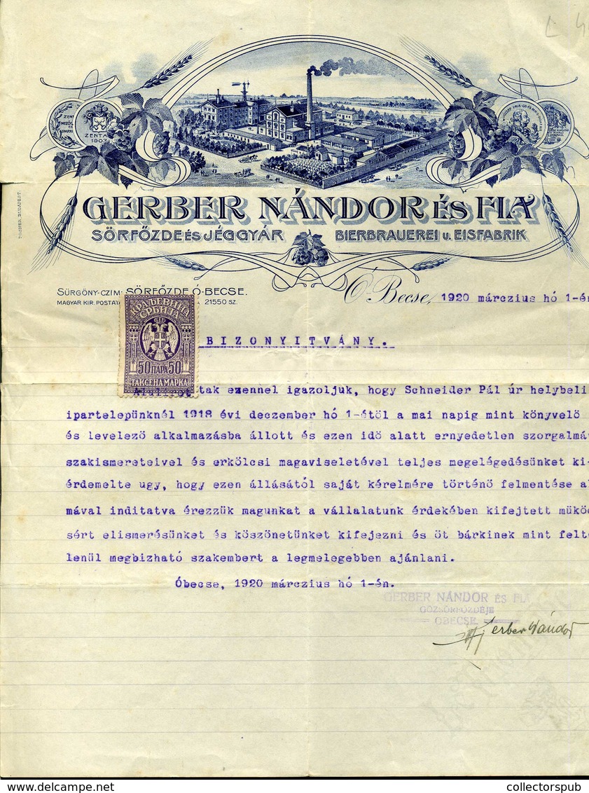 ÓBECSE 1920. Gerber Nándor és Fia Sörfőzde Fejléces, Céges Számla - Zonder Classificatie