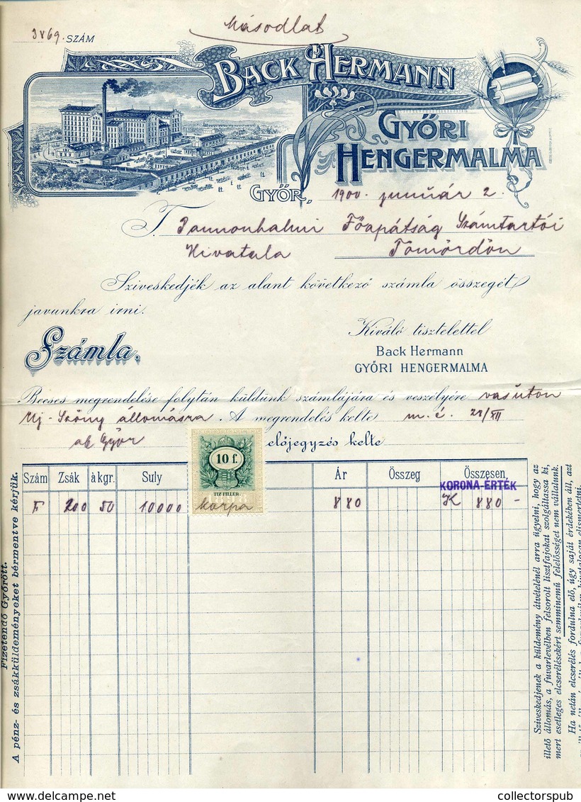GYŐR 1900. Back Hermann Győri Hengermalom, Fejléces, Céges Számla - Ohne Zuordnung