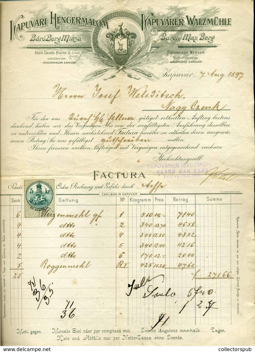 KAPUVÁR 1897. Kapuvári Hengermalom, Fejléces, Céges Számla - Ohne Zuordnung