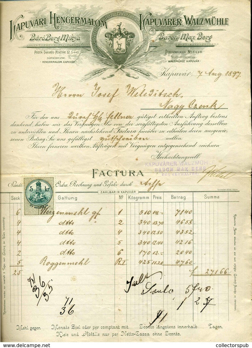 KAPUVÁR 1897. Kapuvári Hengermalom, Fejléces, Céges Számla - Unclassified