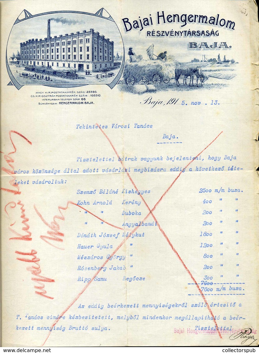 BAJA 1915. Bajai  Hengermalom, Fejléces, Céges Számla - Unclassified
