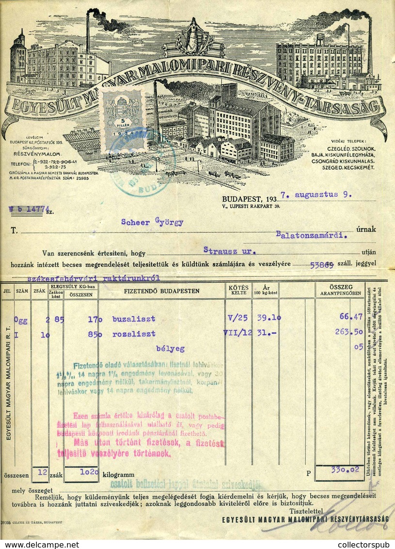 BUDAPEST 1937. Egyesült Malomipari Rt. Fejléces, Céges Számla - Zonder Classificatie