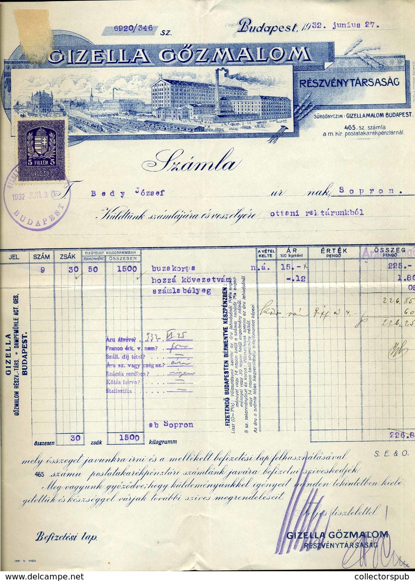 BUDAPEST 1930. Gizella Gőzmalom Fejléces, Céges Számla - Unclassified