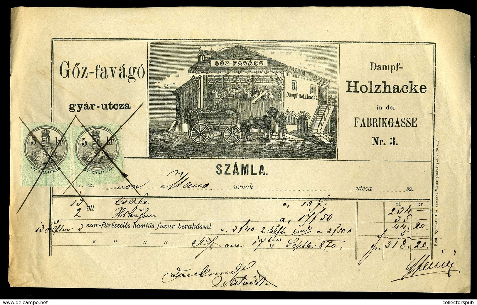 PEST 1870. Gyár Utca, Gőz-favágó, Fejléces Céges Számla - Storia Postale