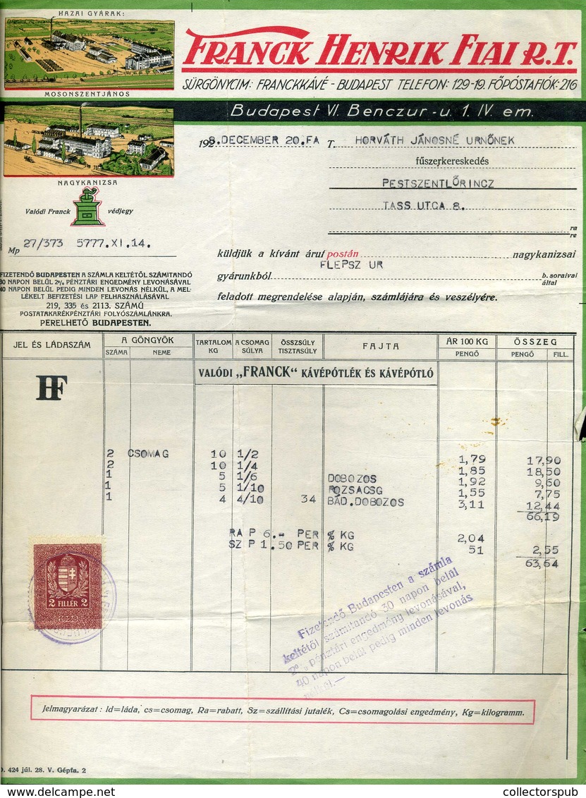 BUDAPEST 1928. Franck Henrik Rt. Fejléces, Céges Számla - Zonder Classificatie