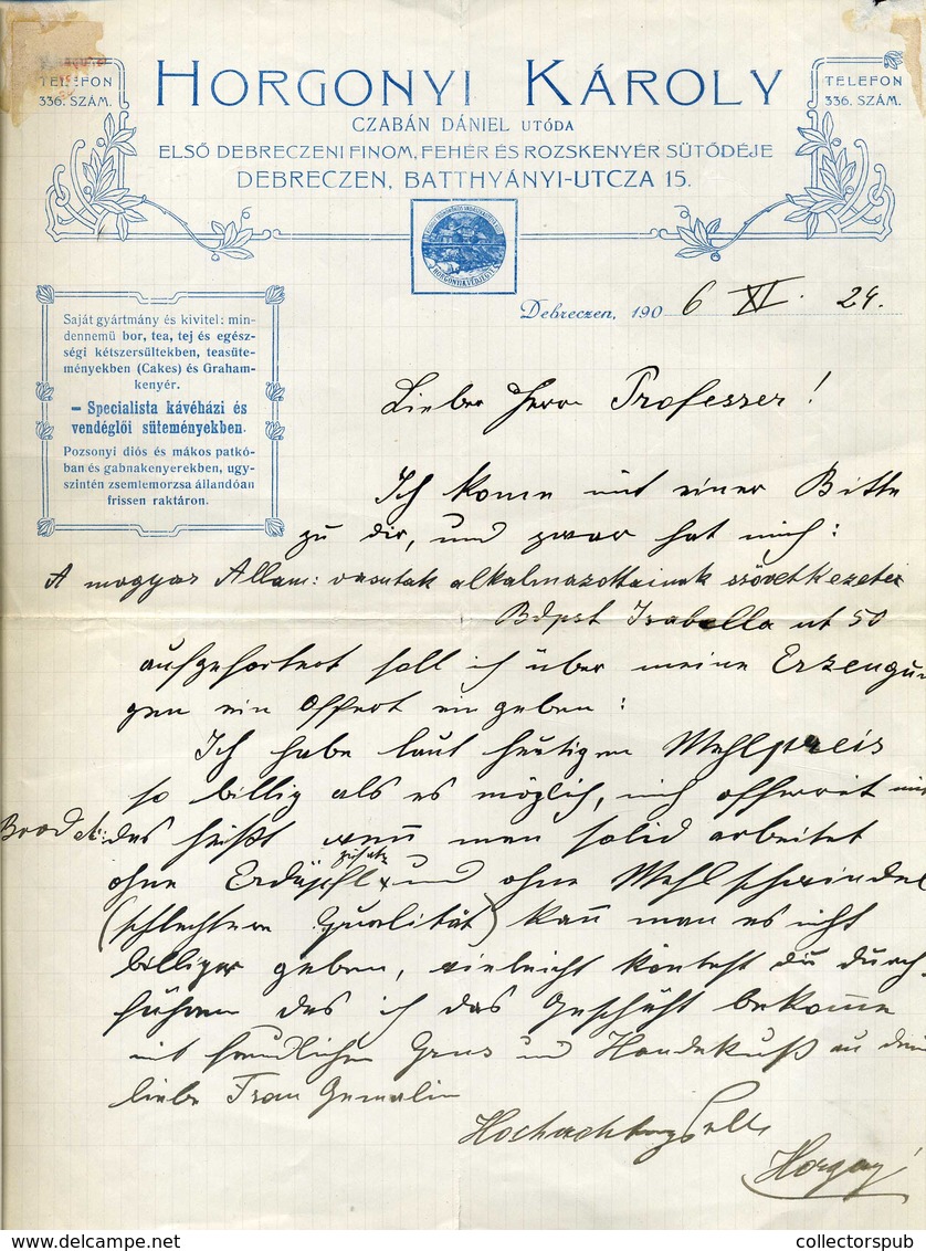 DEBRECEN 1906. Horgonyi Károly Sütöde Fejléces, Céges Levél - Unclassified