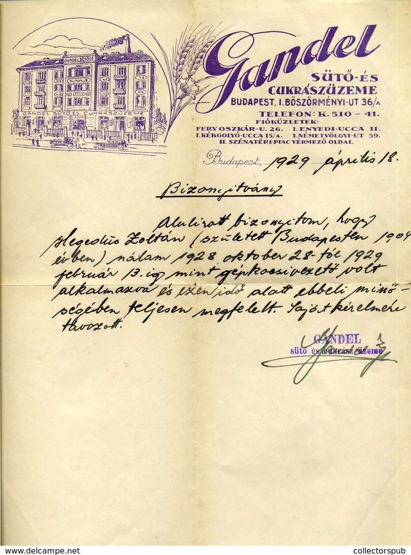 BUDAPEST 1929. Gandel Sütő és Cukrászüzem Fejléces, Céges Levél - Ohne Zuordnung