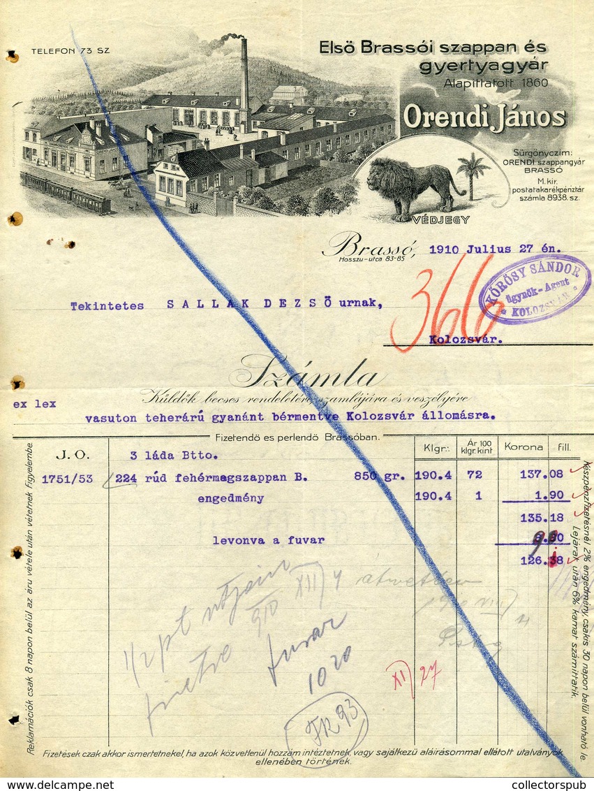 BRASSÓ 1910. Szappan és Gyertyagyár  Fejléces, Céges Számla - Ohne Zuordnung