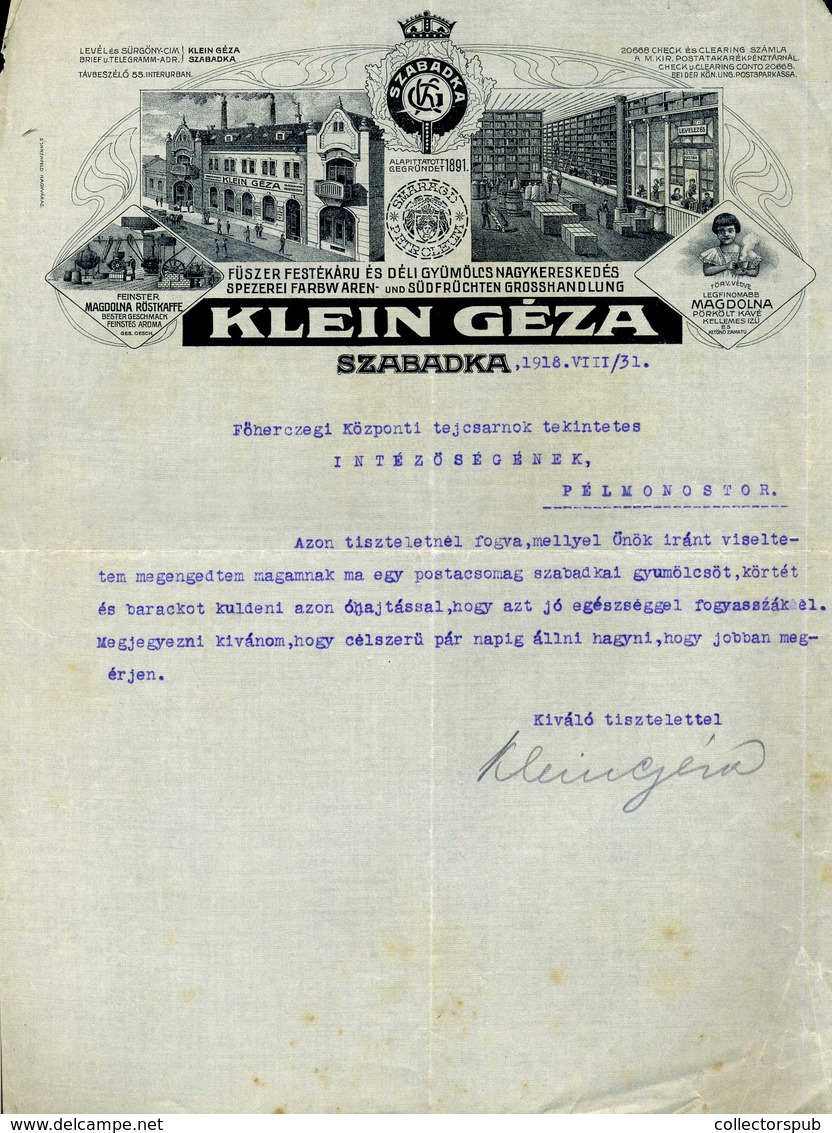SZABADKA 1918. Klein Géza Fűszer, Festékáru Déli Gyümölcs Fejléces, Céges Számla - Zonder Classificatie