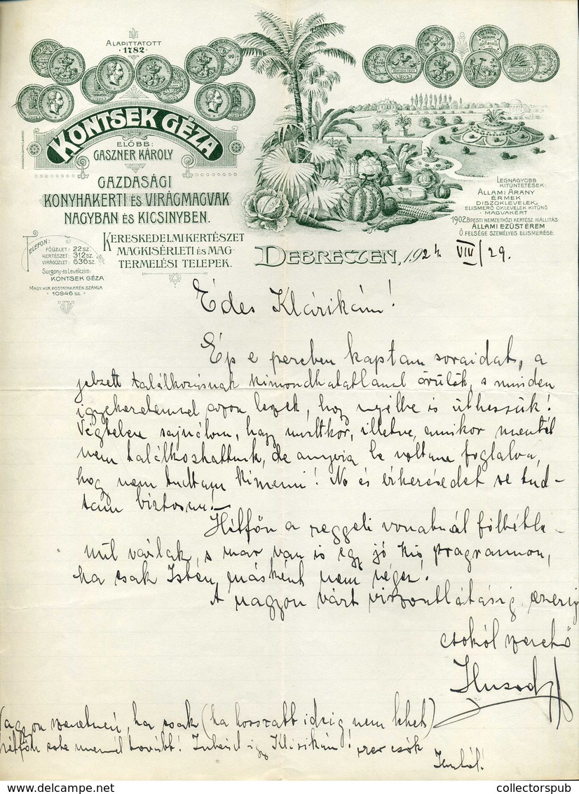 DEBRECEN 1924. Kontsek Géza Konyhakert és Virágmagvak , Kertészet Fejléces, Céges Számla - Zonder Classificatie