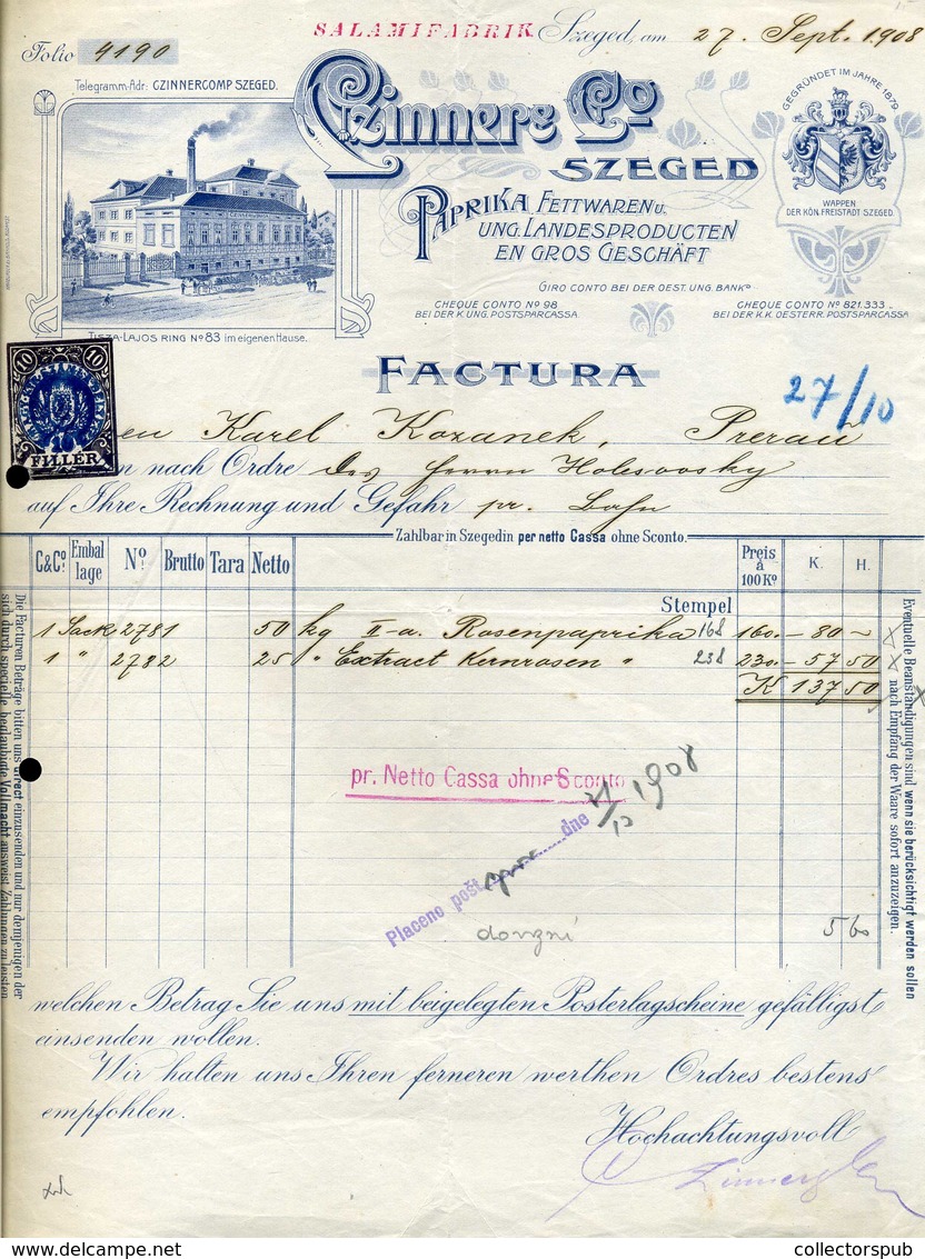 SZEGED 1908. Czinner  Paprika  Fejléces, Céges Számla - Sin Clasificación