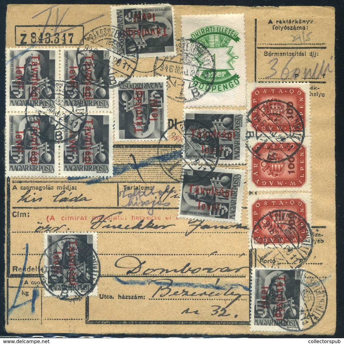 RÁKOSSZENTMIHÁLY 1946.05.28. Csomagszállító 33 Bélyeges, Dekoratív Bérmentesítéssel Dombóvárra - Brieven En Documenten