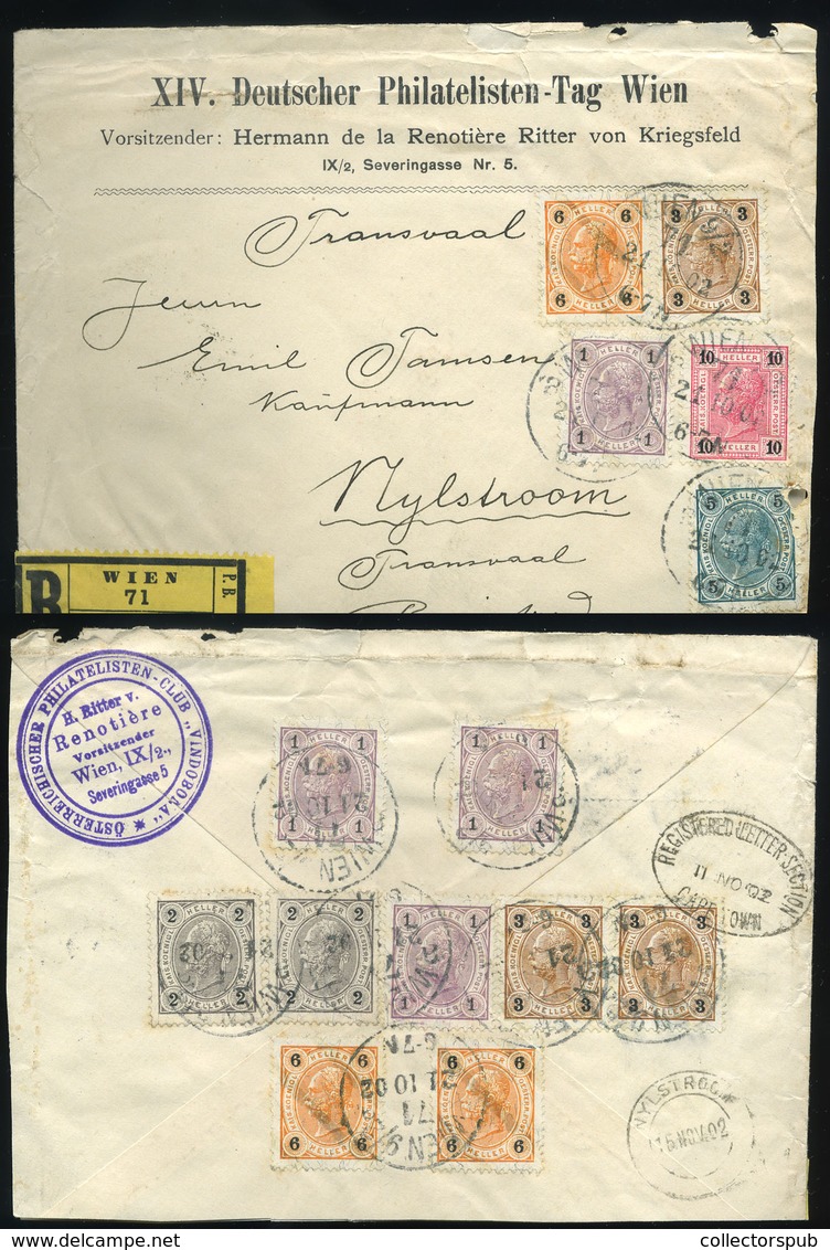 AUSZTRIA 1902. Ajánlott Levél , Dekoratív 14 Bélyeges , Hatszínű Bérmentesítéssel Dél Afrikába Küldve (5h Kis Hiba) Ritk - Covers & Documents