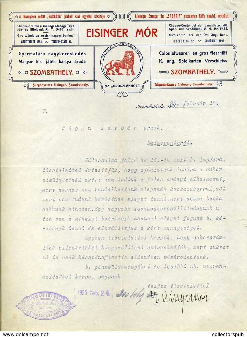 SZOMBATHELY 1925. Eisinger Mór , Gyarmatáru Fejléces, Céges Levél - Unclassified