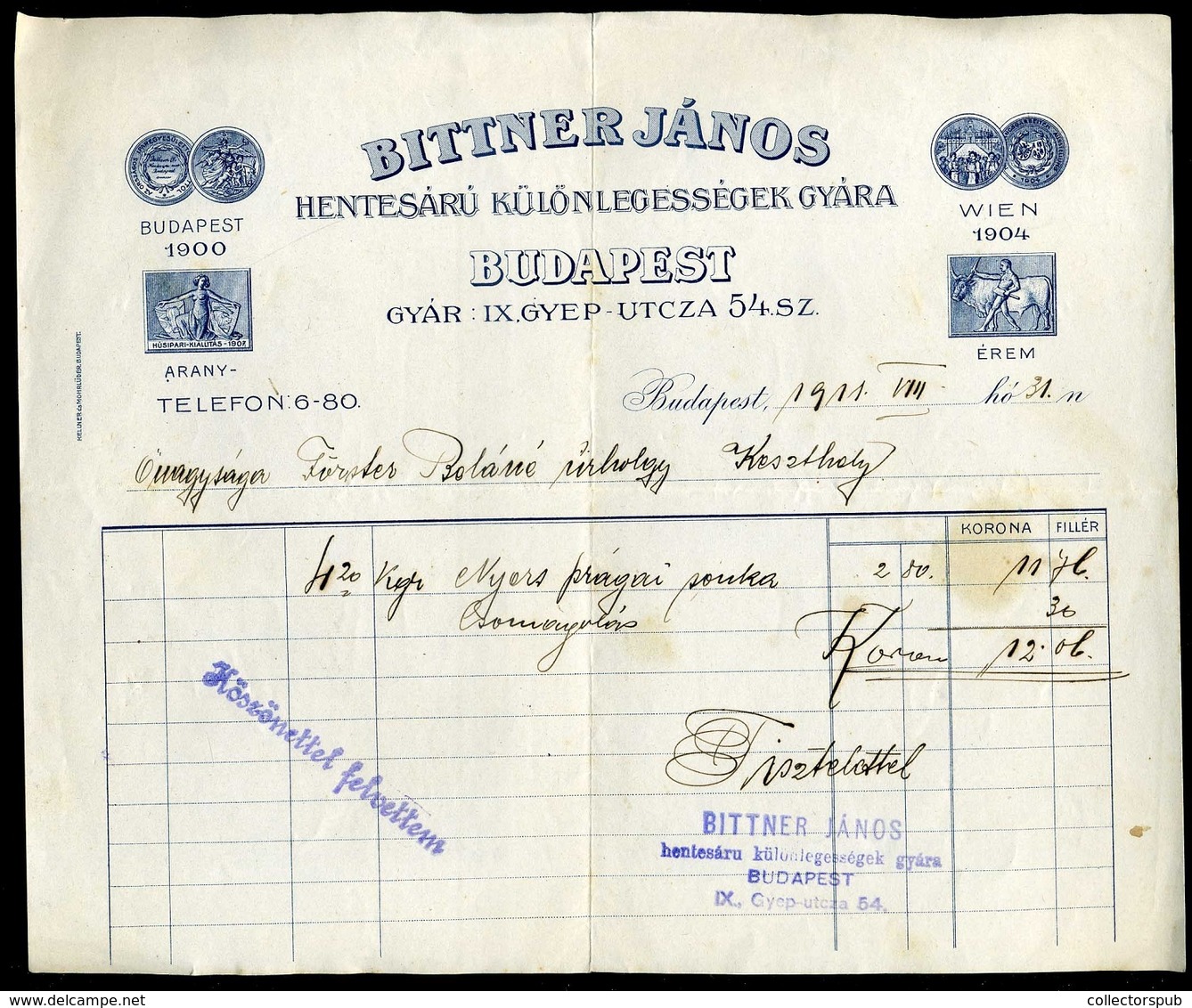 BUDAPEST 1911. Bittner János Hentesárú Fejléces, Céges Számla - Unclassified