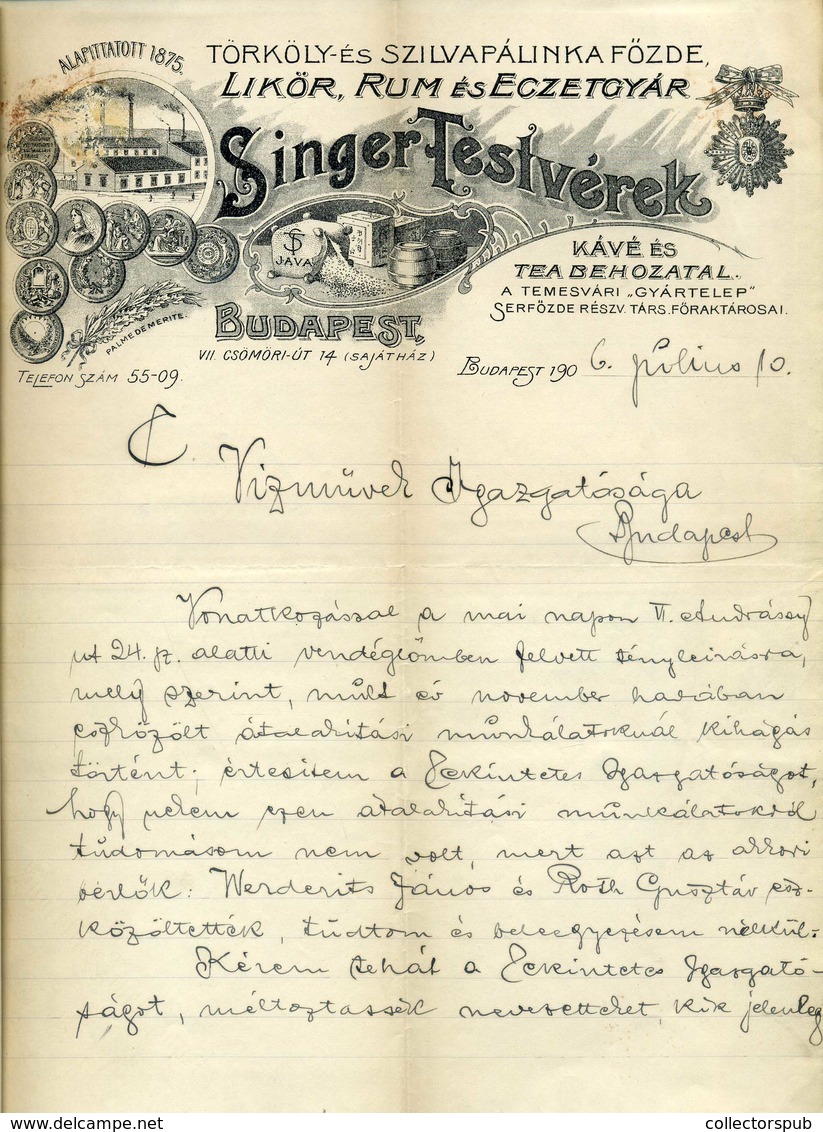 BUDAPEST 1906. Singer Testvérek Pálinka Főzde, Kávé, Tea Fejléces, Céges Levél - Zonder Classificatie