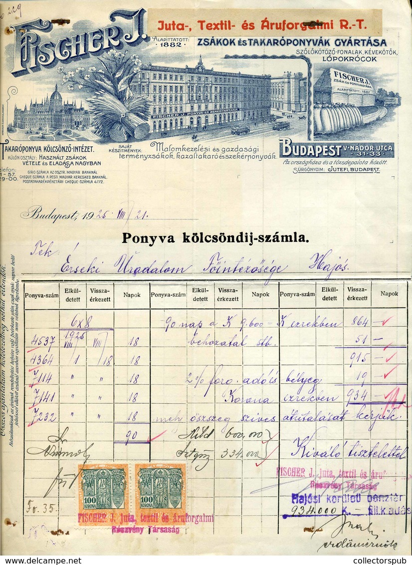 BUDAPEST 1925. Fischer J. Zsákok , Takaróponyvák  Fejléces, Céges Számla - Ohne Zuordnung