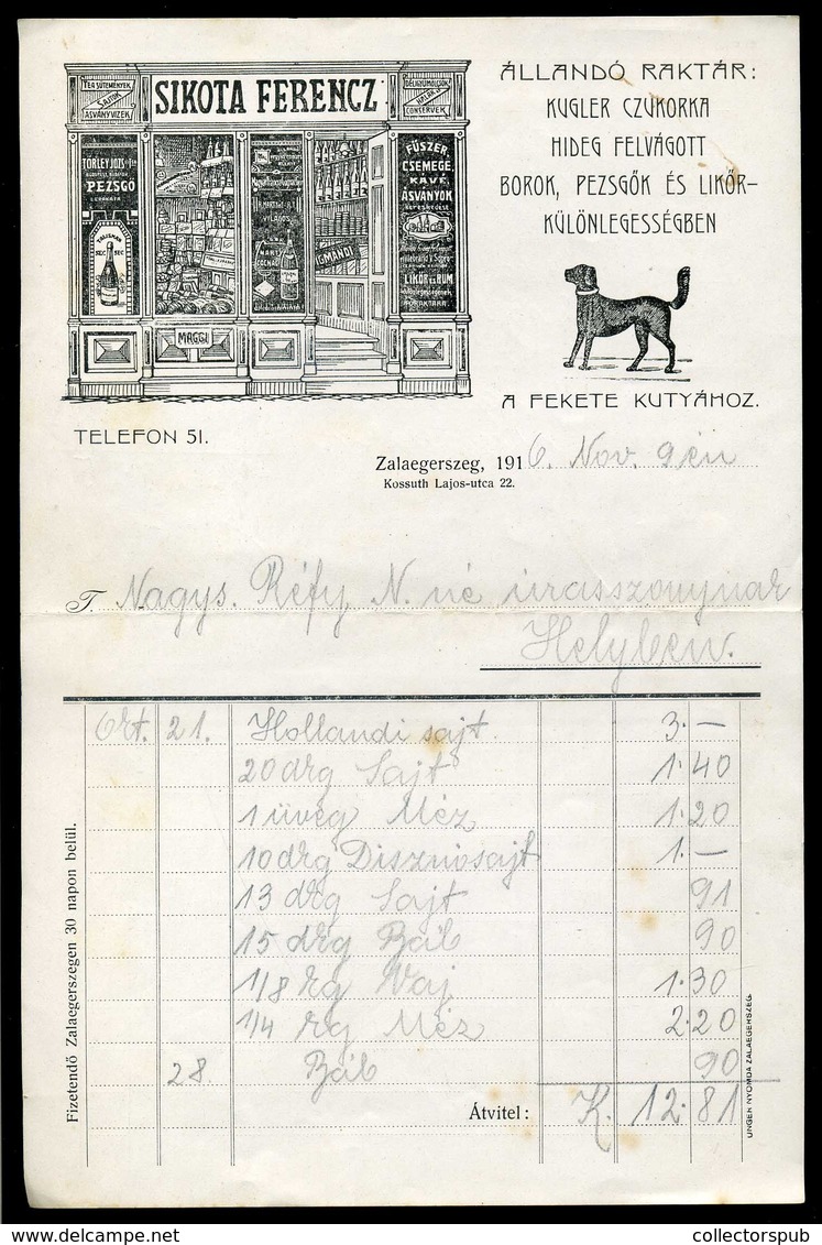 ZALAEGERSZEG 1916. Sikota Ferenc , " A Fekete Kutyához" Fejléces Céges Számla - Zonder Classificatie