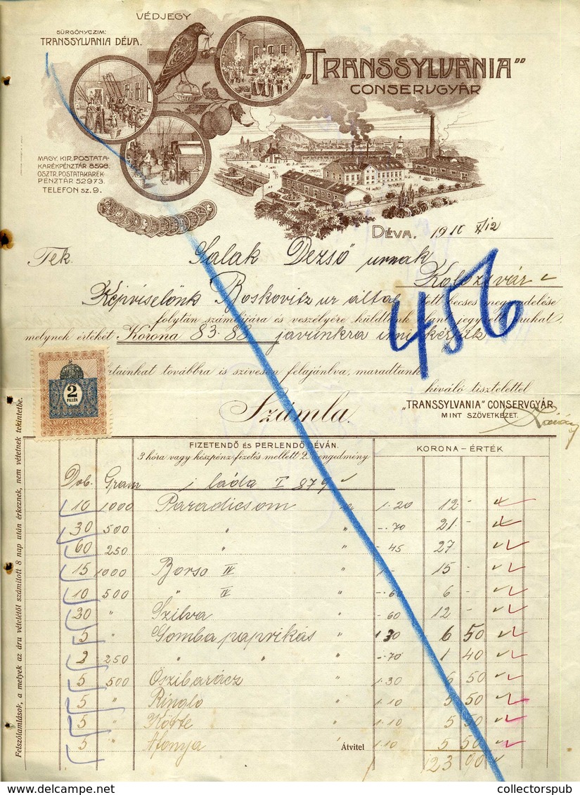 DÉVA 1910. Transsylvania Conservgyár, Fejléces, Céges Számla - Ohne Zuordnung
