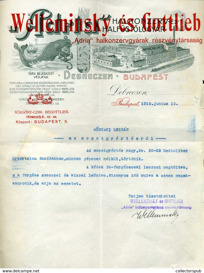 DEBRECEN 1910. Welemminsky és Gottlieb Halkonzervgyár Fejléces, Céges Számla - Zonder Classificatie