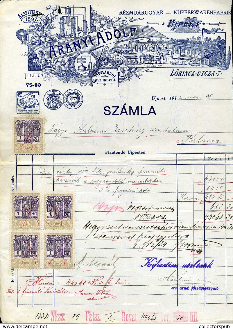 BUDAPEST 1922. Arányi Adolf Rézműgyár Fejléces, Céges Számla - Ohne Zuordnung