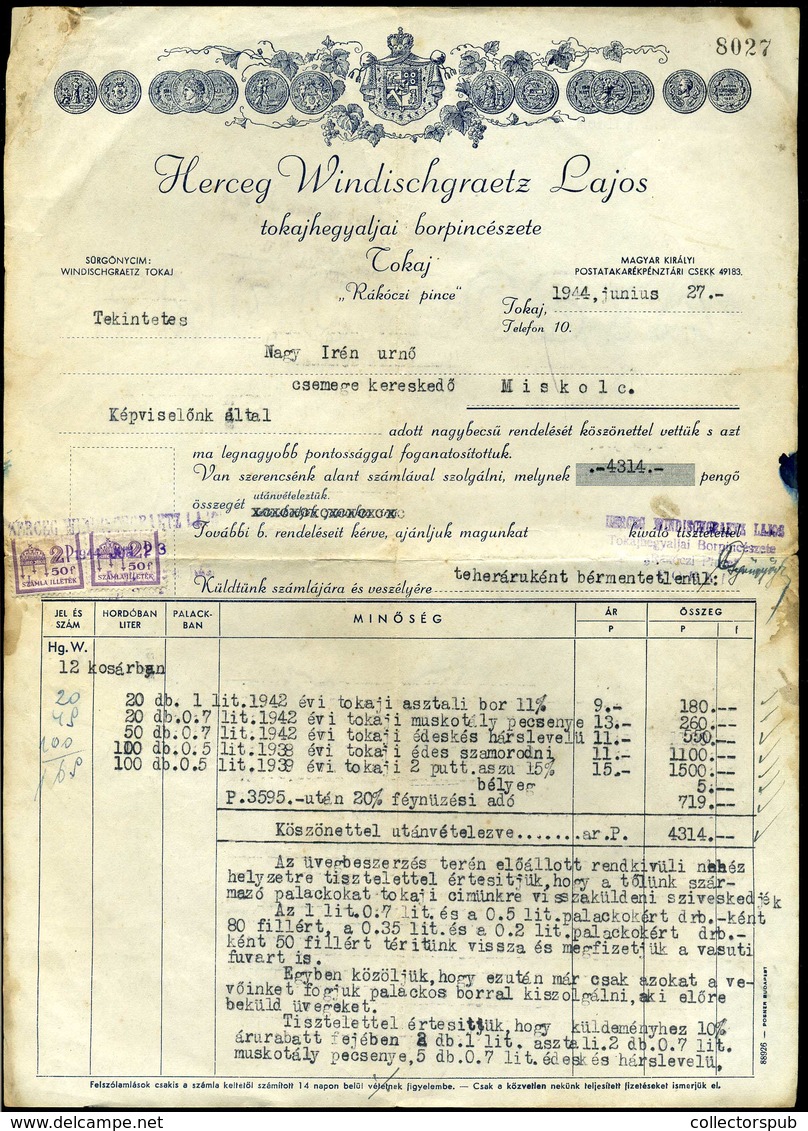 TOKAJ 1944. Herceg Windischgraetz Lajos Borpincészete Fejléces, Céges Számla - Zonder Classificatie