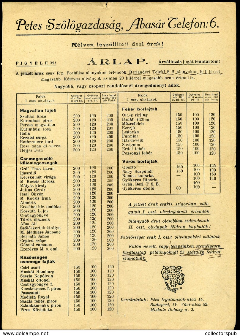 ABASÁR 1947. Petes Szőlőgazdaság Árlap - Zonder Classificatie