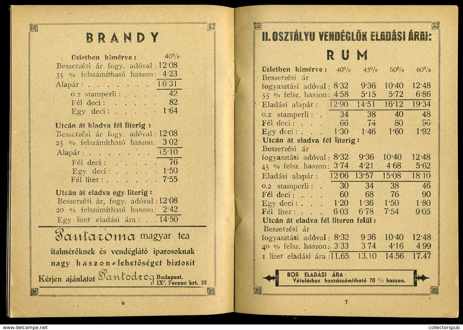 1943. Ártáblázat Vendéglátó Iparosok és Kereskedők Részére, 20 Lap, Reklámokkal - Zonder Classificatie