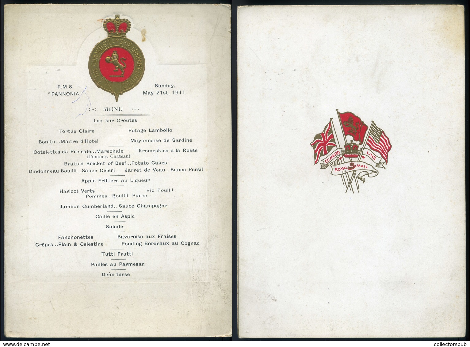 CUNARD RMS Pannonia Hajó , Dekoratív Menükártya 1911. - Menus