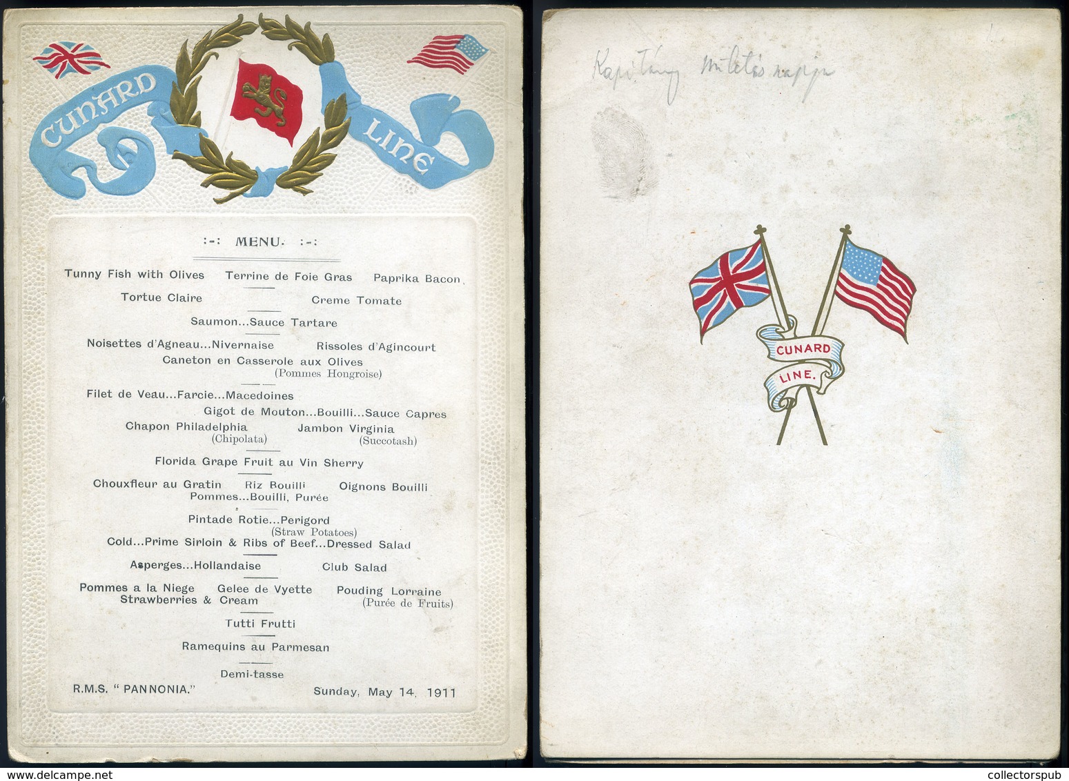 CUNARD RMS Pannonia Hajó , Dekoratív Menükártya 1911. - Menus