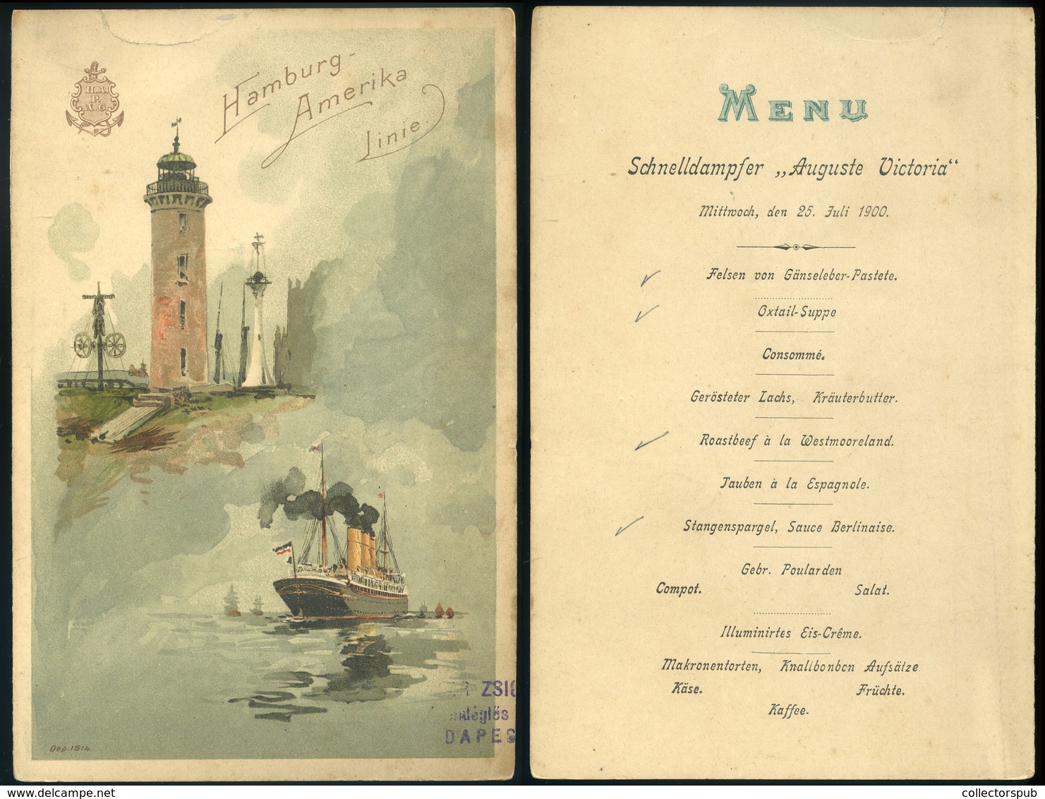 Hamburg Amerika Line Schnelldampfer Auguste Victoria   , Dekoratív Menükártya 1900. - Menus