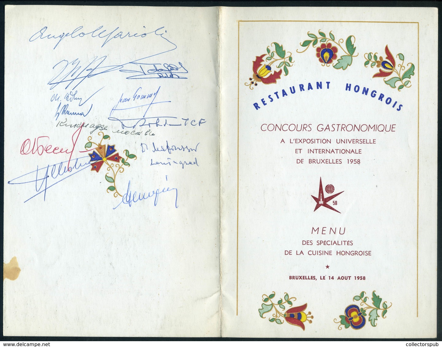 BRÜSSZEL Világkiállítás 1958. Restaurant Hongrois Menükártya Aláírásokkal - Menus