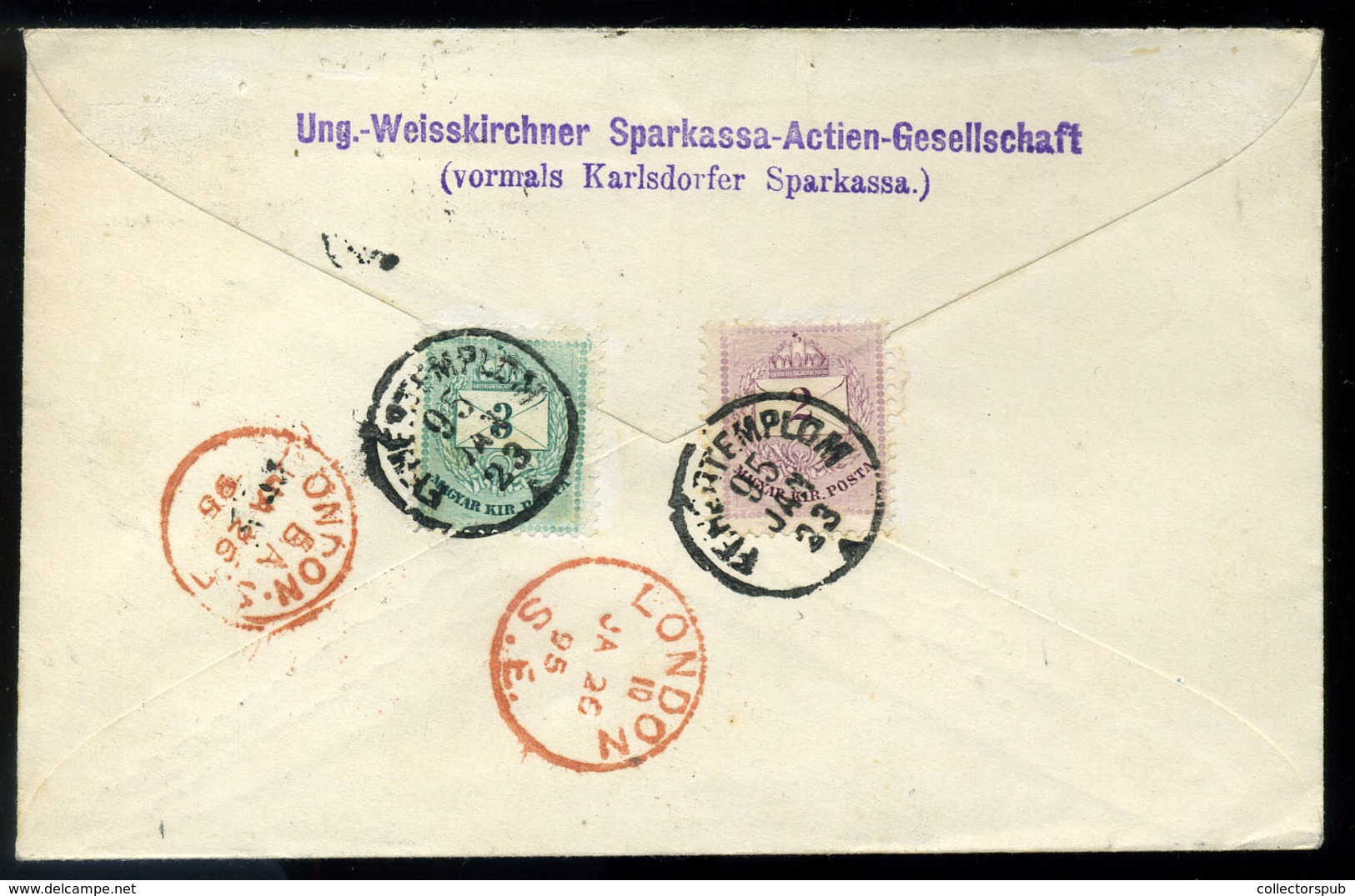 FEHÉRTEMPLOM 1895. 5Kr Díjjegyes Boríték 3Kr+2Kr Kiegészítéssel Londonba Küldve. Dekoratív, Jó Darab!  /  5 Kr Stationer - Used Stamps