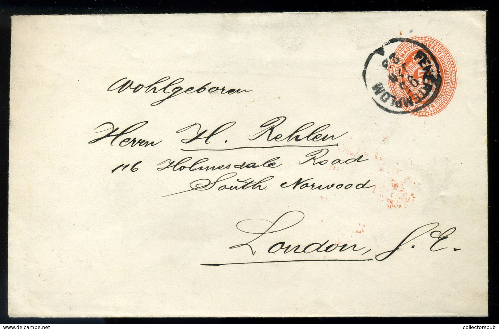 FEHÉRTEMPLOM 1895. 5Kr Díjjegyes Boríték 3Kr+2Kr Kiegészítéssel Londonba Küldve. Dekoratív, Jó Darab!  /  5 Kr Stationer - Used Stamps