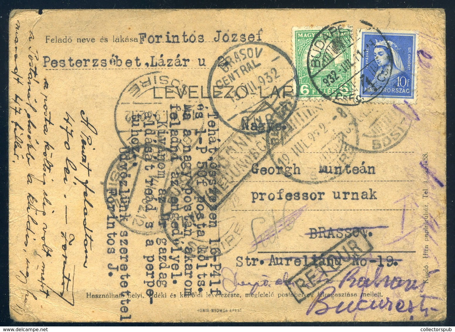 BUDAPEST 1932. Levlap Romániából Visszaküldve, Többszörös Továbbküldésekkel.Érdekes! (a Szöveg Is Jó)  /  BUDAPEST 1932  - Brieven En Documenten