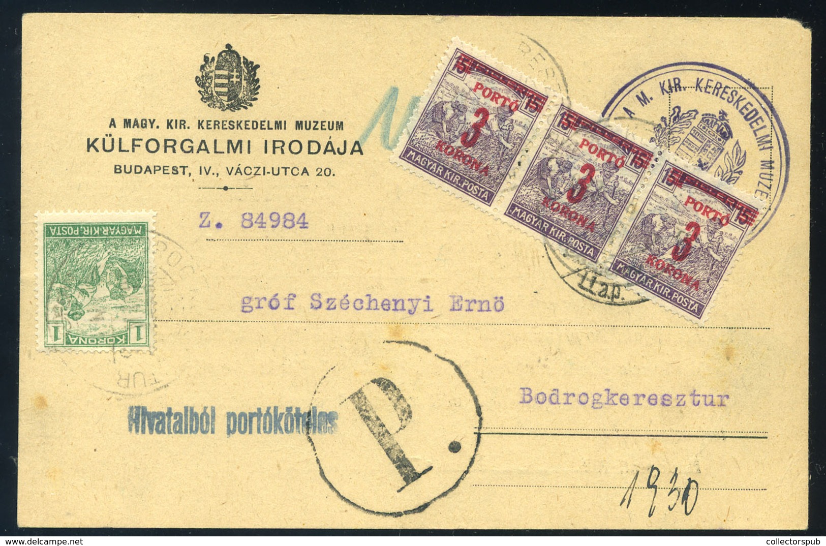 BUDAPEST 1923. Céges Levlap Bodrogkeresztúrra Küldve, Ritka 3*3K Inflációs Portózással - Covers & Documents