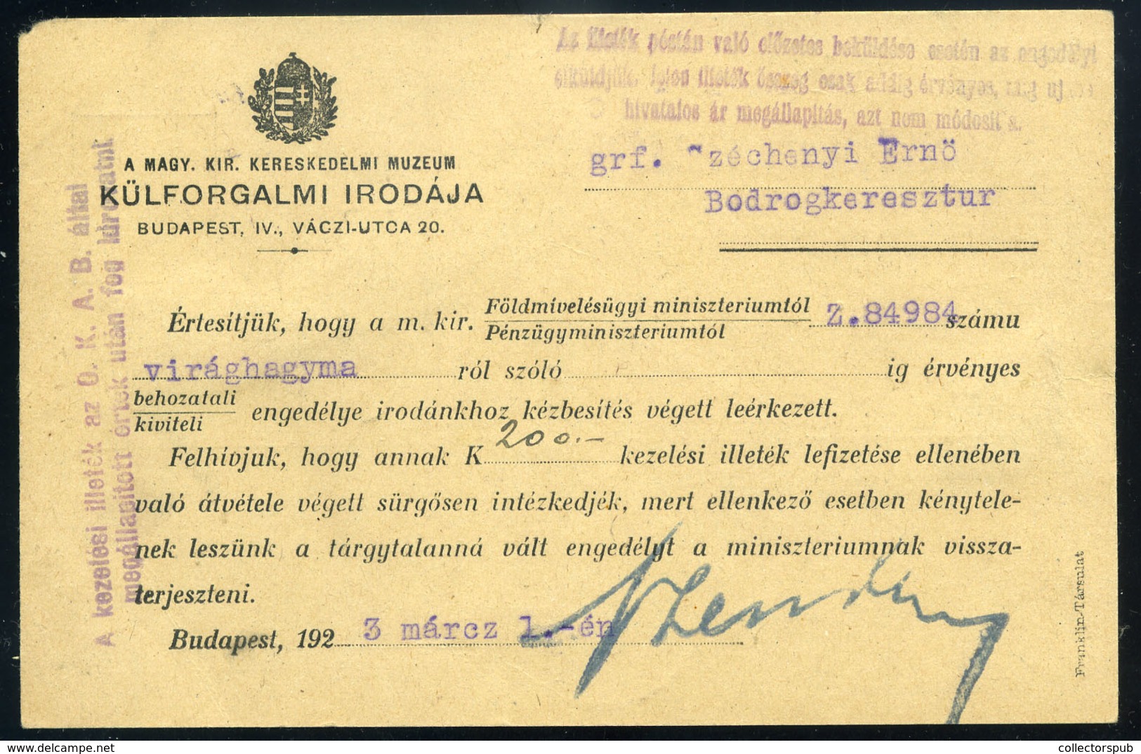 BUDAPEST 1923. Céges Levlap Bodrogkeresztúrra Küldve, Ritka 3*3K Inflációs Portózással - Covers & Documents
