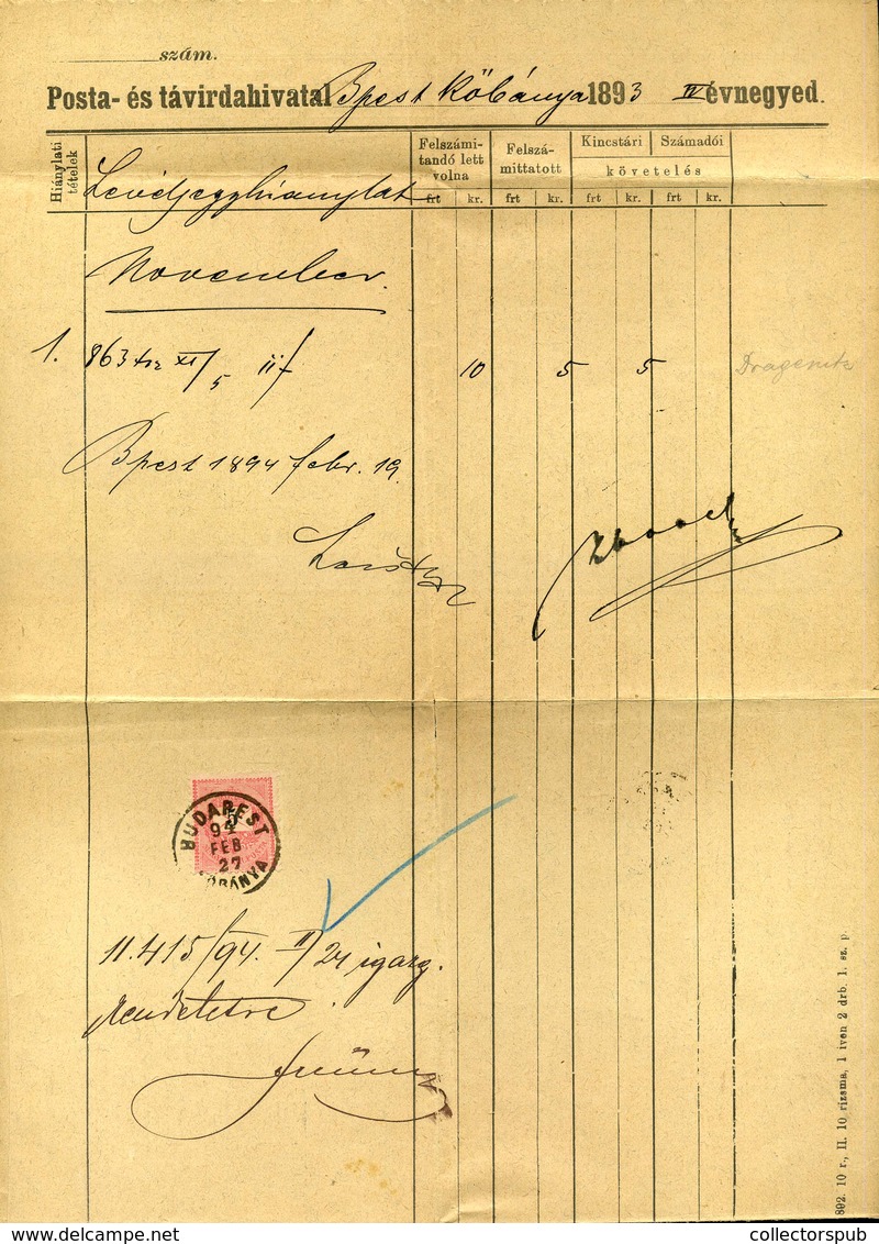 BUDAPEST 1894. "Levél Jegy Hiánylat"  Dokumentum 5Kr-ral! Igen Ritka, Kiállítási Darab!  /  "letter Ticket Shortage" Doc - Used Stamps