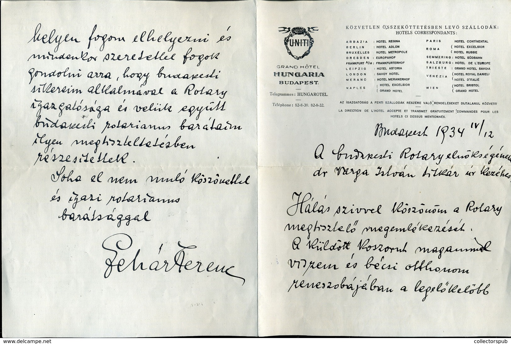 LEHÁR Ferenc Autográf Köszönő Levele A Budapesti Rotary Club Elnökségének, 1934. Ritka Darab!  /  Ferecn LEHÁR Autograph - Zonder Classificatie