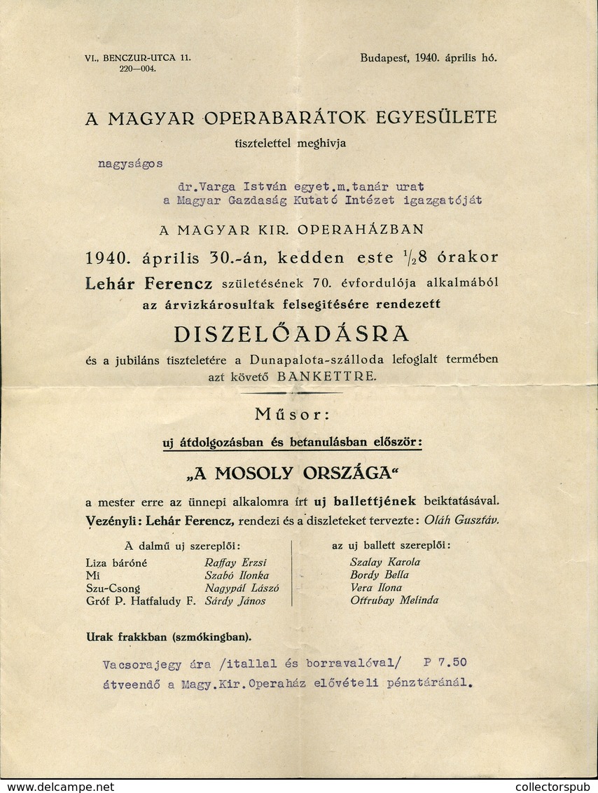 MENÜKÁRTYA  1940. Ritz Étterem Dunapalota Rendezvény Lehár Ferenc Születésének 70. évfordulójára. + Meghívó - Menus