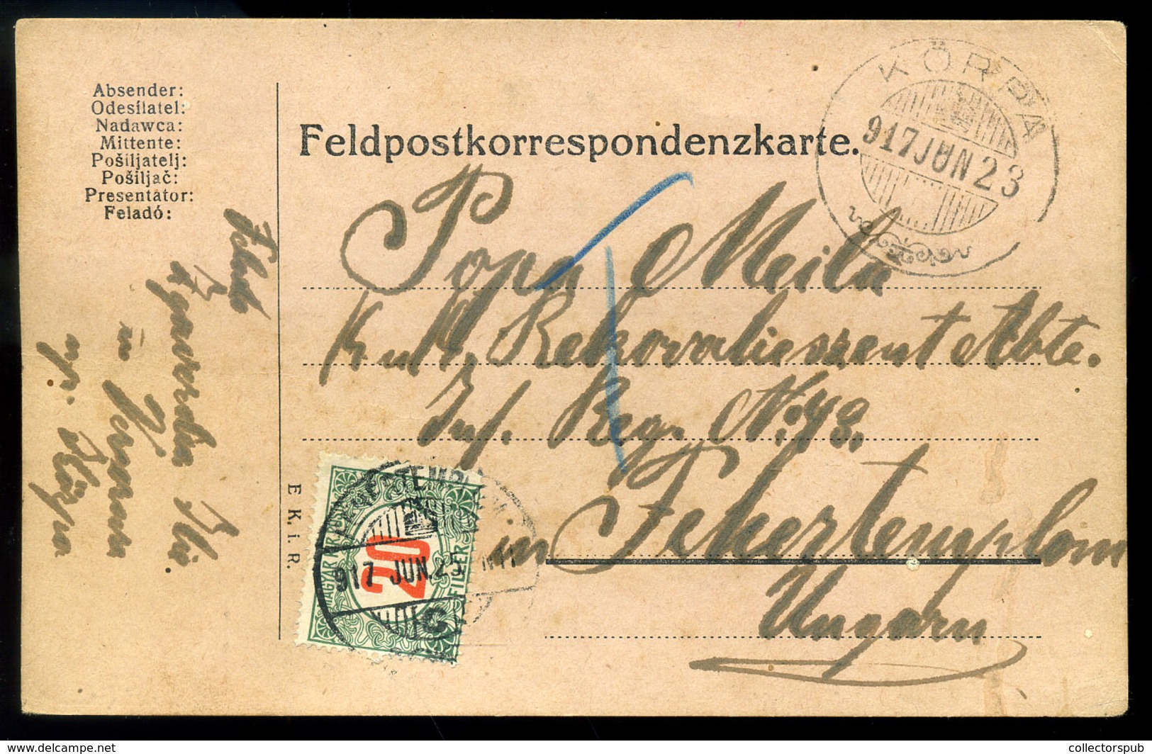 KÖRPA 1917. Tábori Levlap, Fehértemplomba Küldve, Portózva - Used Stamps