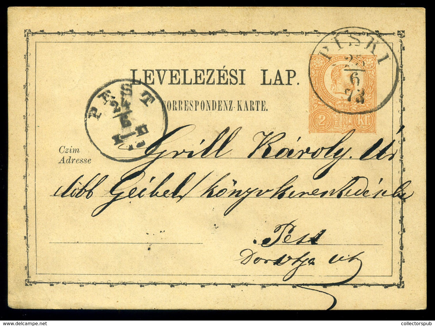 PISKI 1873. Díjjegyes Levlap Pestre Küldve A Grill Könyvkereskedésbe - Used Stamps