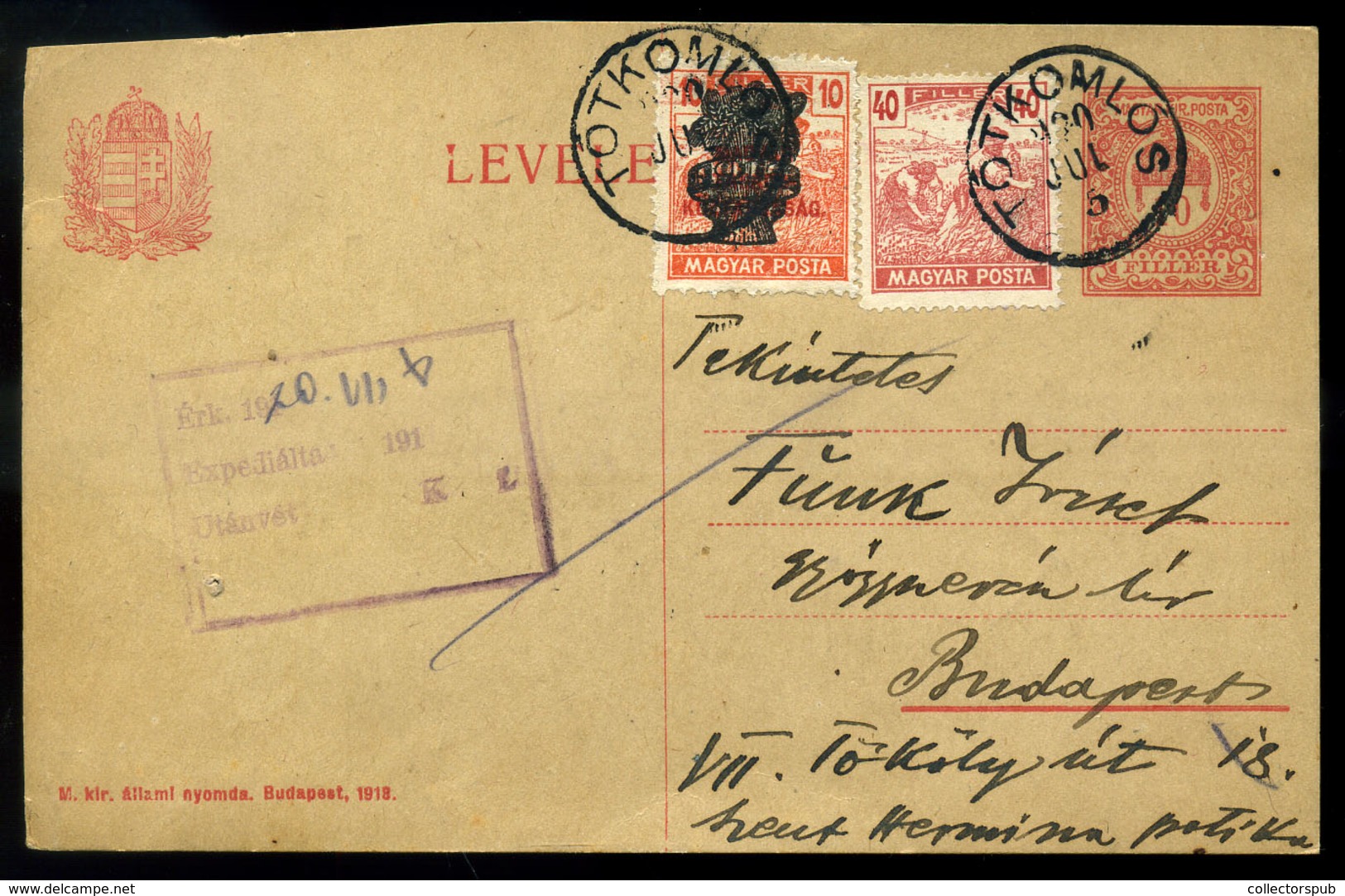 TÓTKOMLÓS 1920.Kiegészített Díjjegyes Levlap Budapestre Küldve, Gyógyszerész Levelezés - Covers & Documents