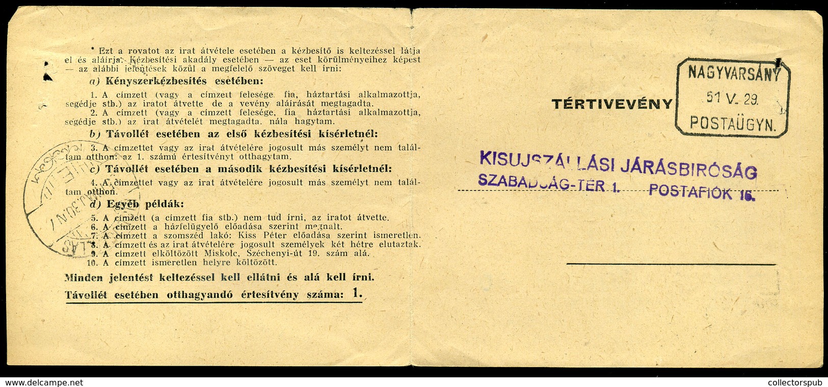 NAGYVARSÁNY 1951 Küldemény, Postaügynökségi Bélyegzéssel - Covers & Documents