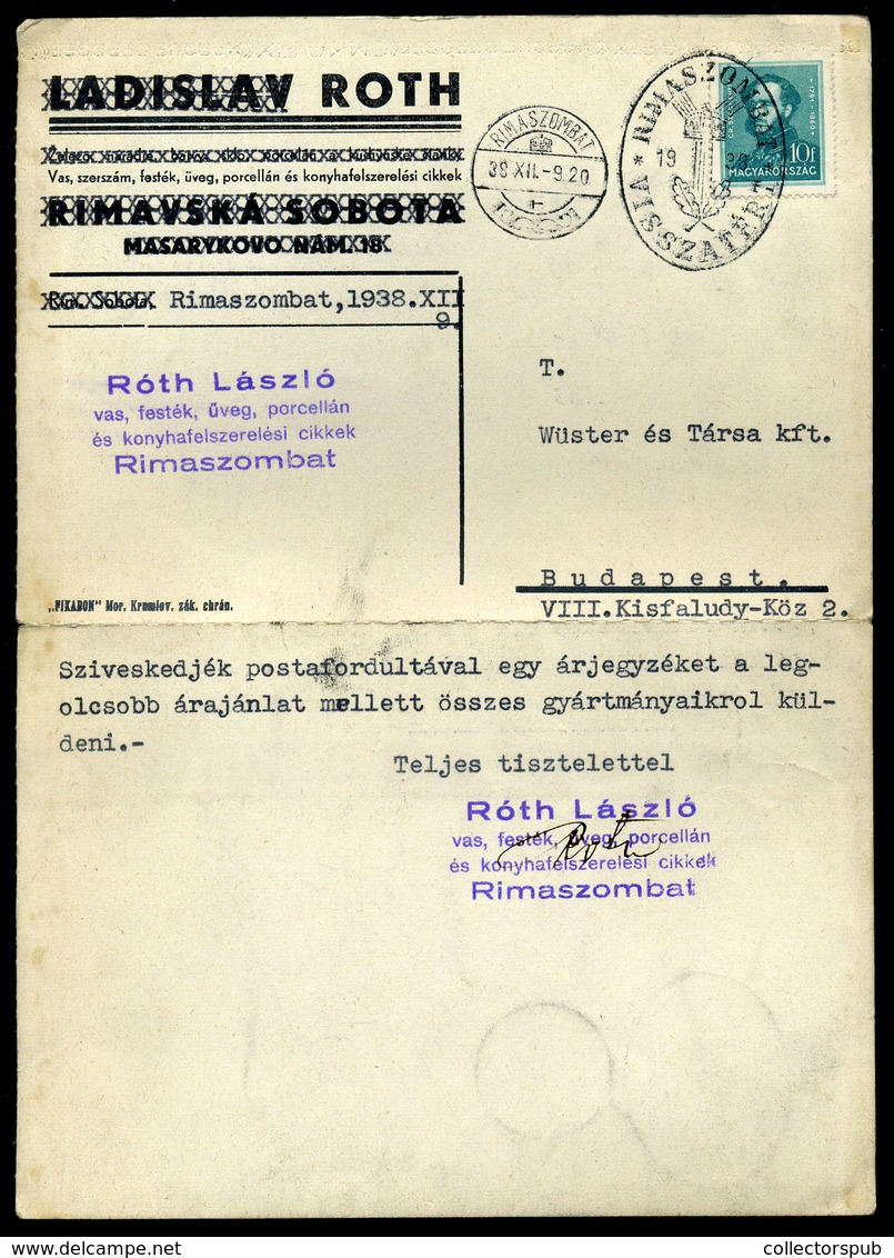 RIMASZOMBAT 1938. Érdekes, Céges Levlap Visszatért Bélyegzéssel Budapestre Küldve - Covers & Documents