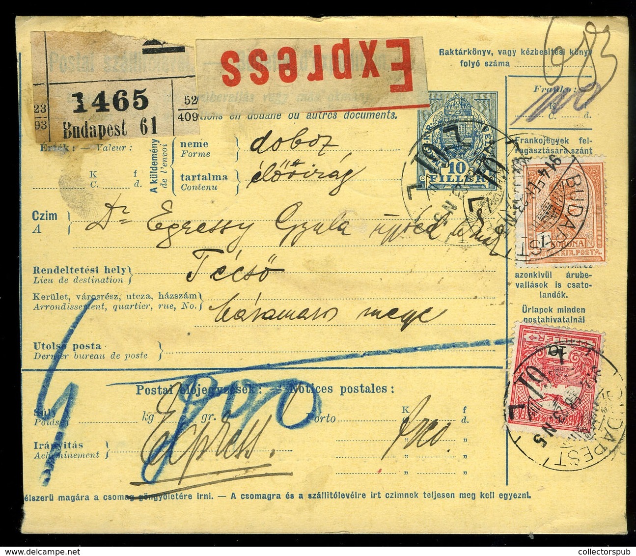 BUDAPEST 1914. Expressz Csomagszállító Técsőre Küldve - Used Stamps